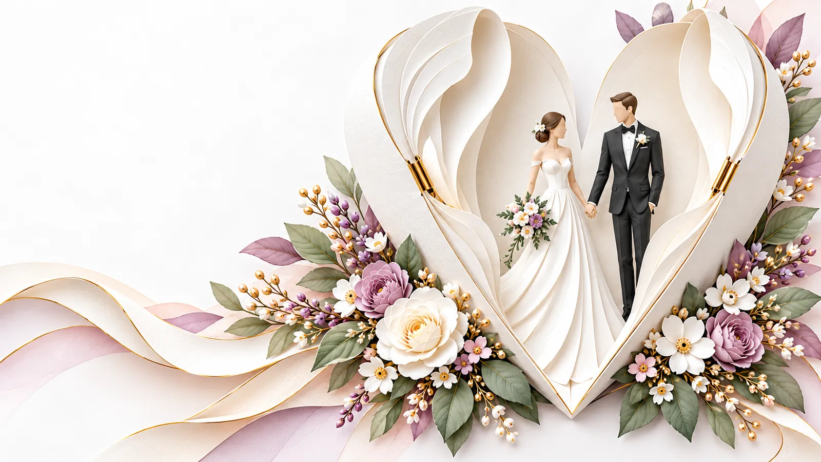 A paper-sculpture bride and groom inside an open heart of white paper, surrounded by roses